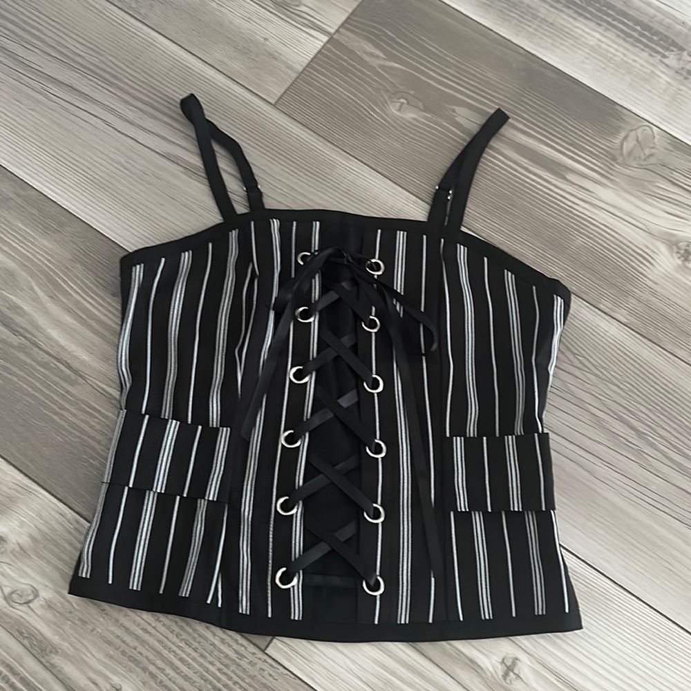 Black Striped Lace Up Tank Top